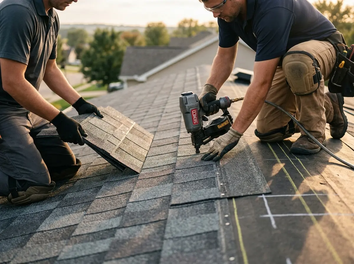 Professional roofer working on a residential roof in Hazel Dell